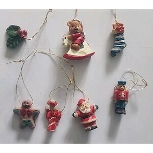 Vintage Lot of 7 Mini Christmas Ornament  Santa Candy Cane Stocking Gingerbread